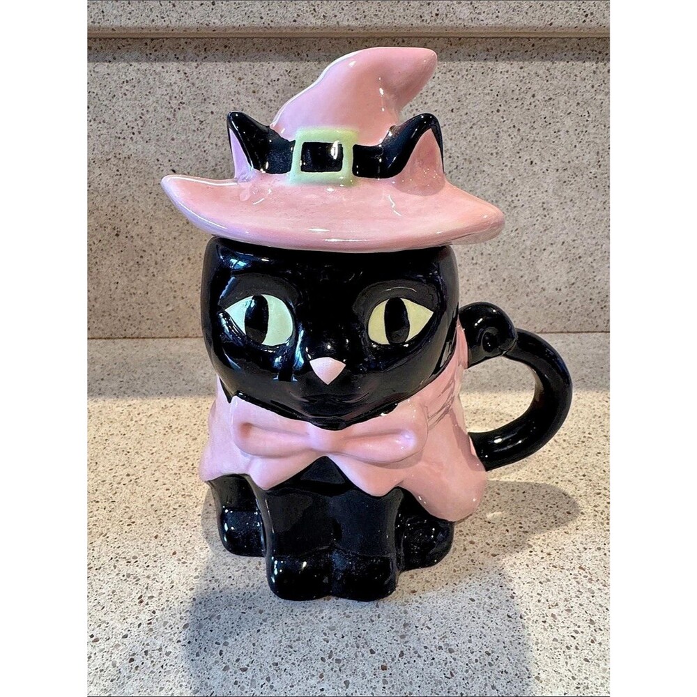 Jack O’ Lantern Lane Halloween Witch Cat Mugs Set of 2 Orange and Pink - Picture 2 of 8